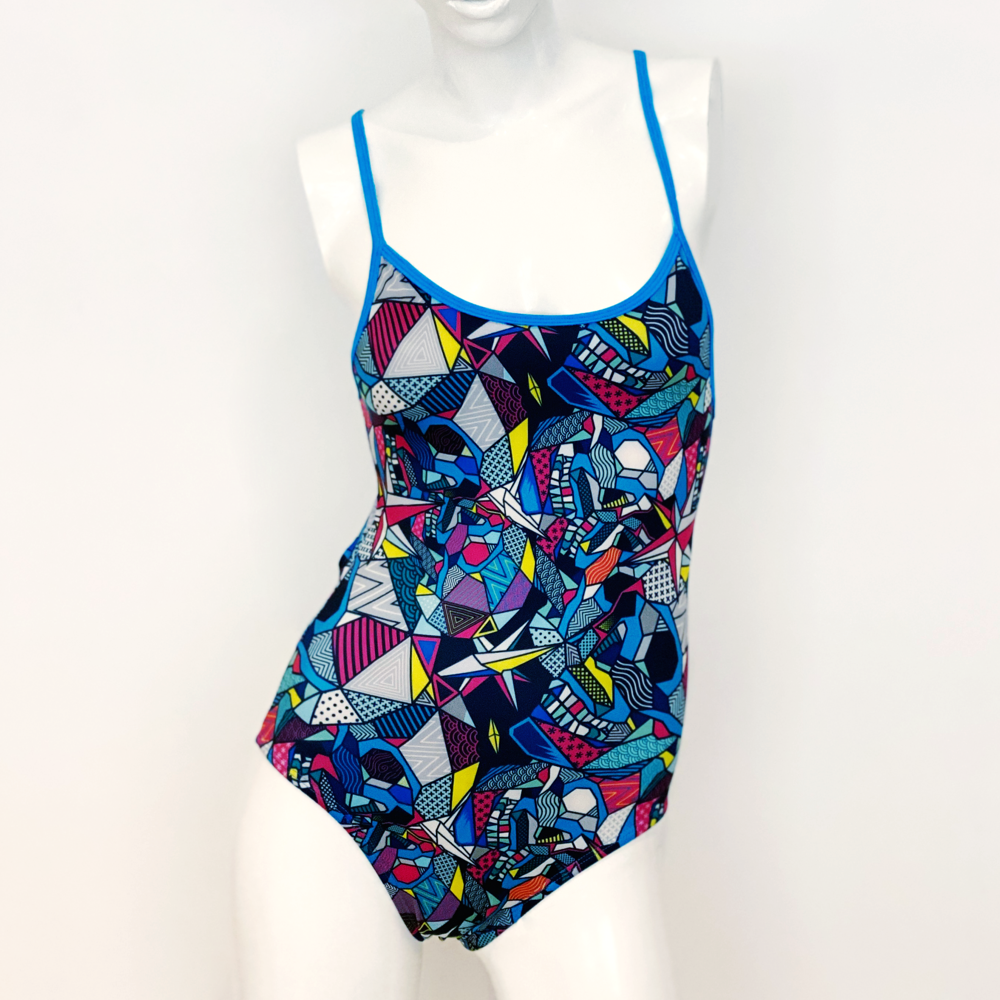 Extra Life Thin Strap Swimsuit in Colourful Geo Skulls with Sky Blue Straps