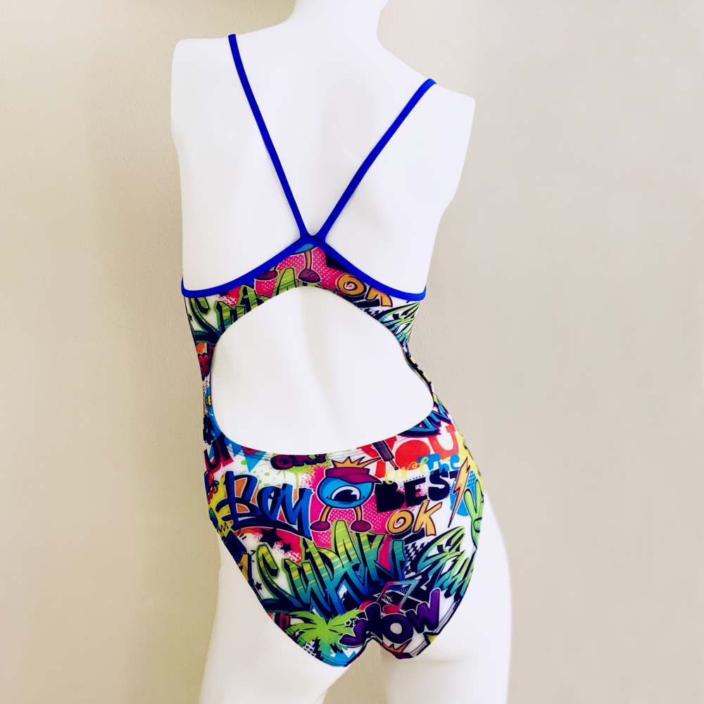 Extra Life Thin Strap Swimsuit in Graffiti on White with Royal Blue Straps