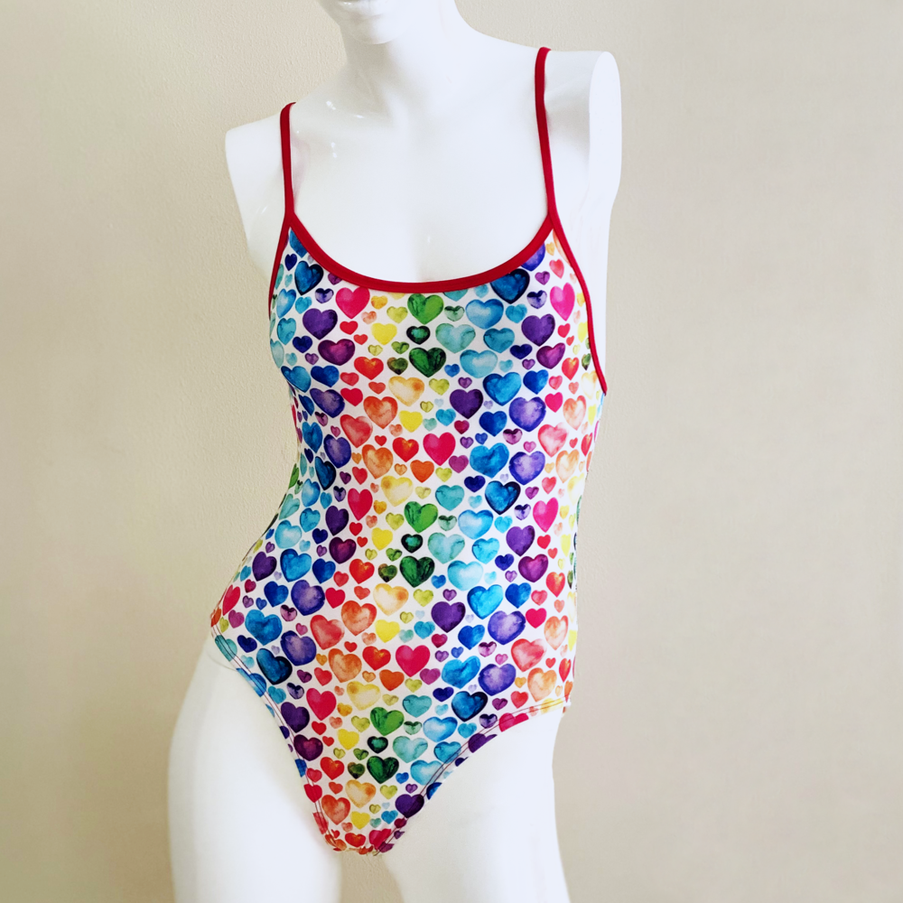 Extra Life Thin Strap Swimsuit in Multi Hearts on White with Red Straps