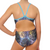 Extra Life Thin Strap Swimsuit in Overlaid Animal Prints and Leaves in Black, Purples and Blues and Sky Blue Straps