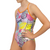Extra Life Thin Strap Swimsuit in Overlaid Summer Fruits in Pastels and Black and Orange Straps