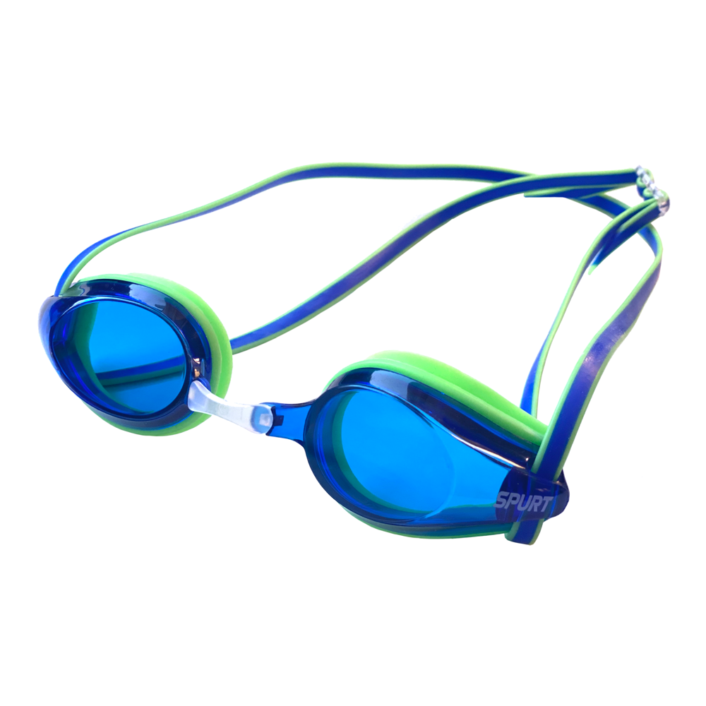 Spurt Intermediate Racer R3 Senior Goggle in Bright Green and Blue with Blue Lens and Medium Tint