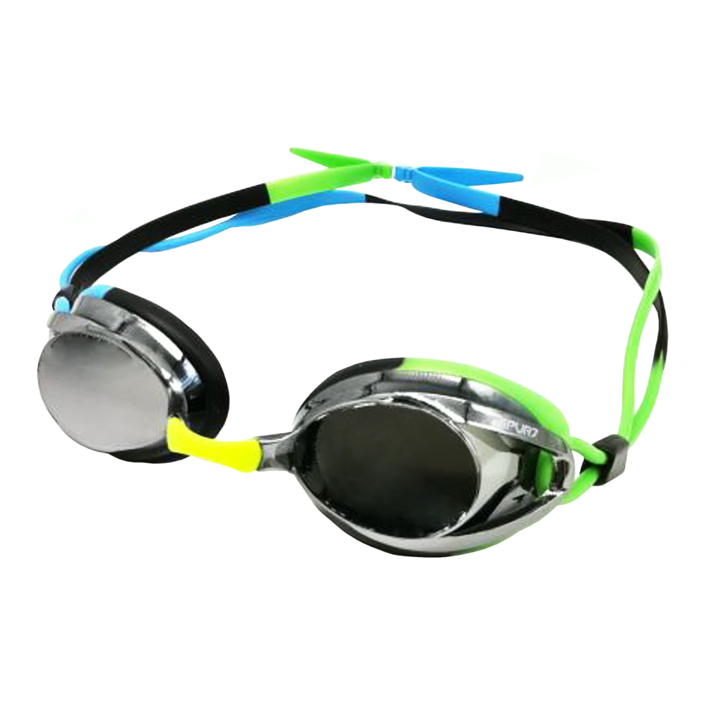 Spurt Hydro R8 Senior Goggle in Black, Neon Yellow, Green, Sky Blue and Smoke Black with Mirror Silver Lens and Light Tint
