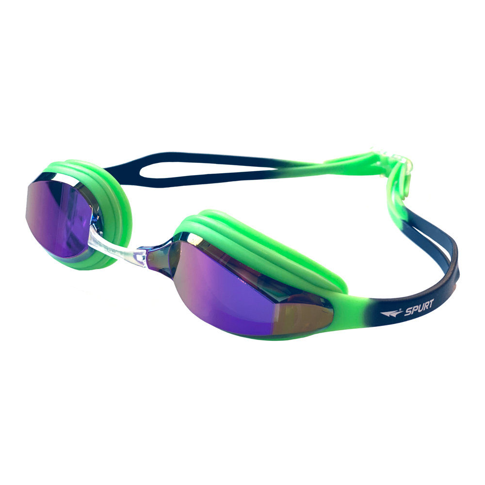Spurt Elite Racer WVN Senior Goggle in Black and Bright Green with Mirror Oil-slick Purple and Gold Lens and Dark Tint