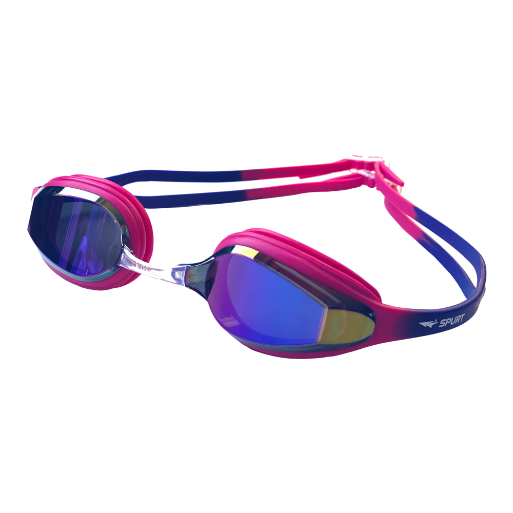 Spurt Elite Racer WVN Senior Goggle in Dark Pink and Violet with Mirror Oil-slick Purple and Gold Lens and Dark Tint