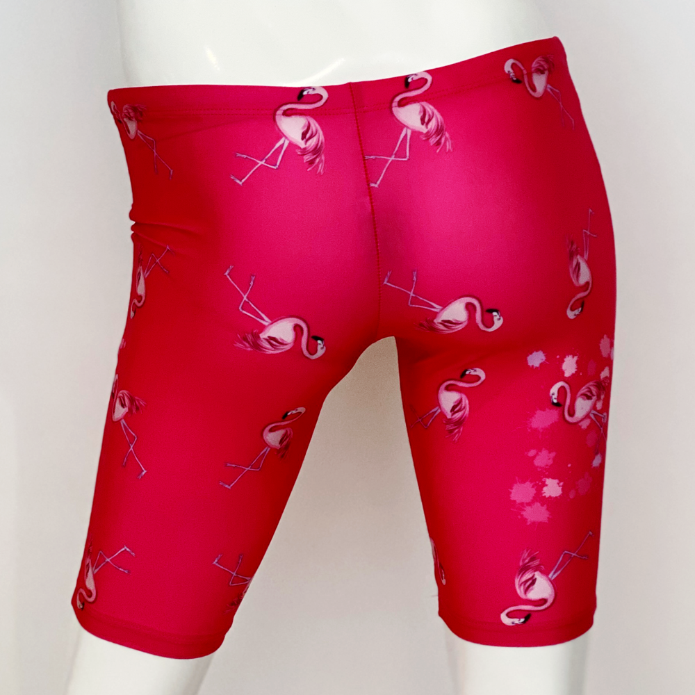 Kikx Extra Life Jammer Swimsuit in Full Print Flamingos in Splashes on Bright Pink