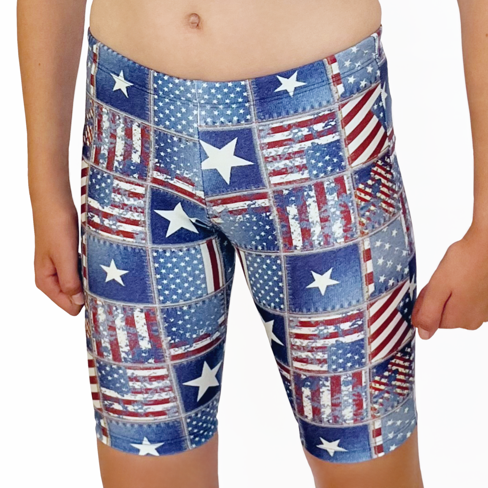 Kikx Extra Life Jammer Swimsuit in Distressed USA Flag Denim Squares Effect