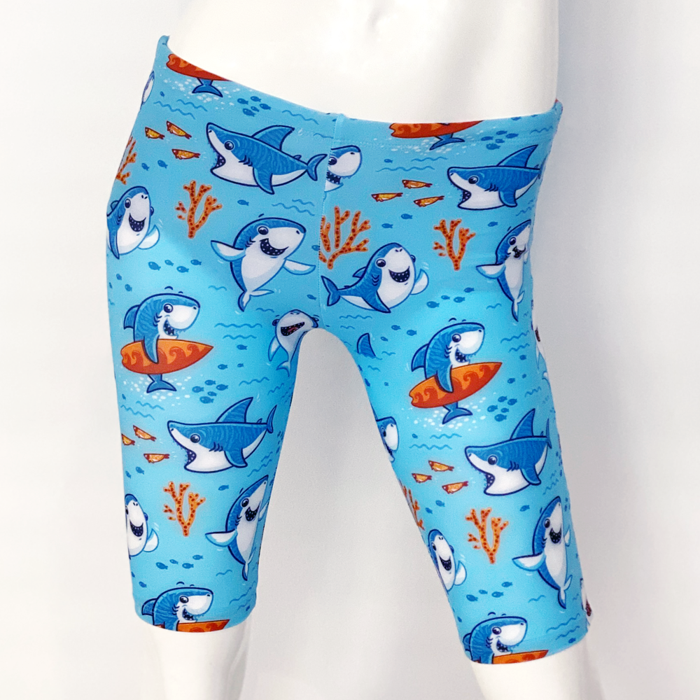 Extra Life Jammer Swimsuit in Full Print Turquoise Sharks on Light Blue