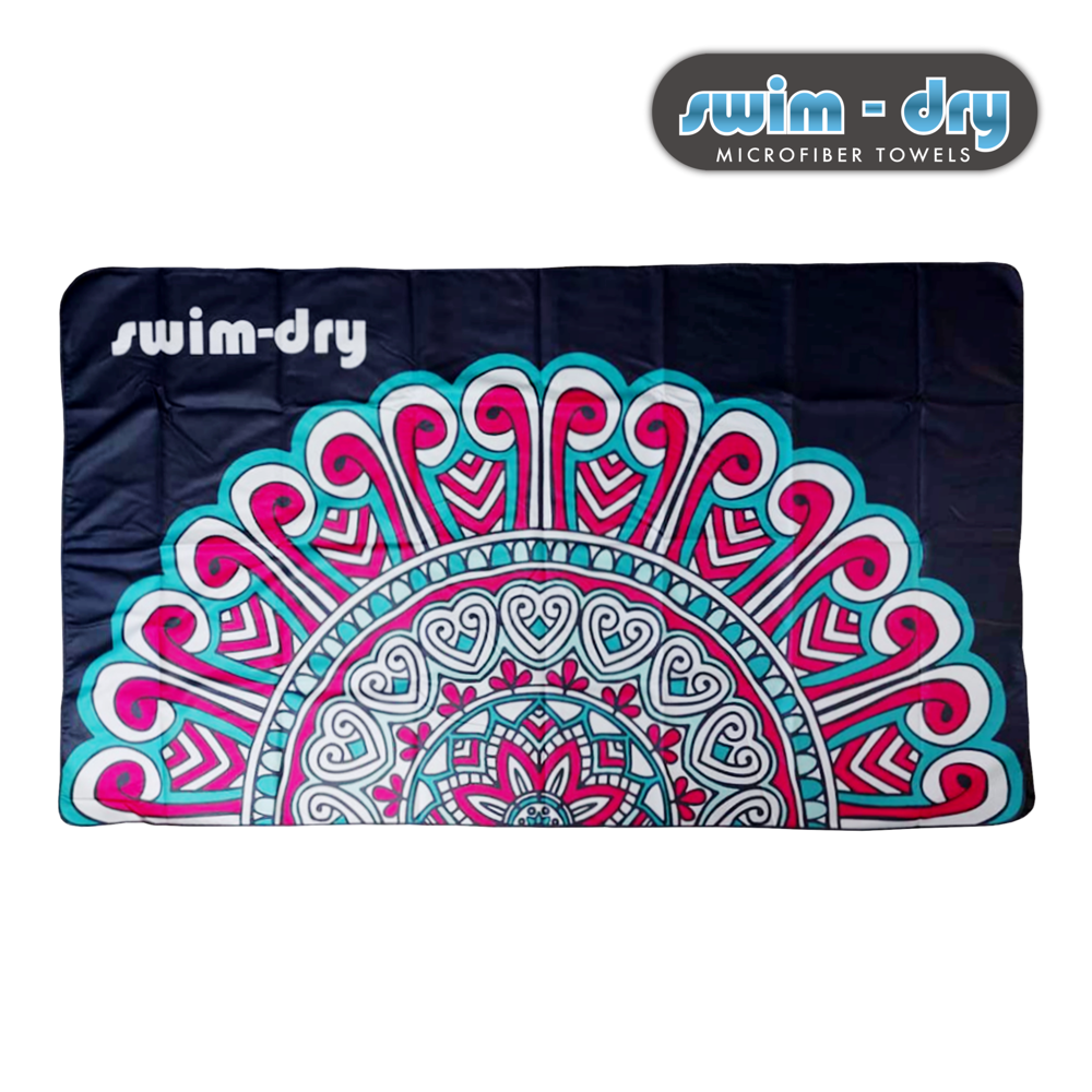 Swim-Dry Large Microfibre Towel Mandala Flower Design in Black, Pink and Aqua