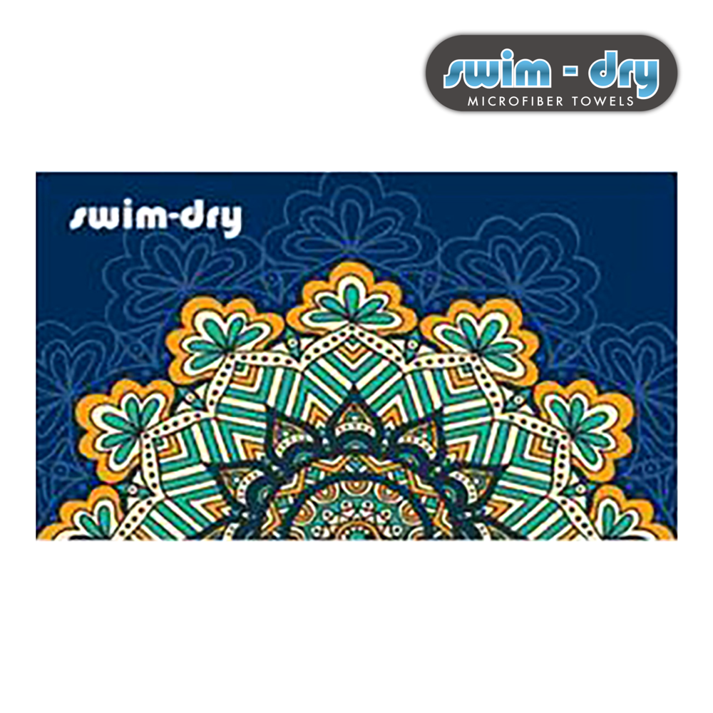 Swim-Dry Large Microfibre Towel Mandala Flower Design in Navy, Aqua and Gold