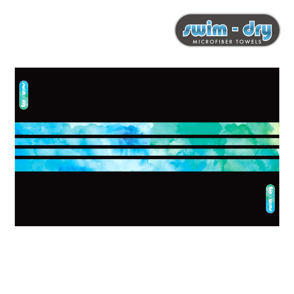 Swim-Dry Seabreeze Plus Microfibre Towel 150 x 90cm in Striped Black with Liquid Blue and Aqua
